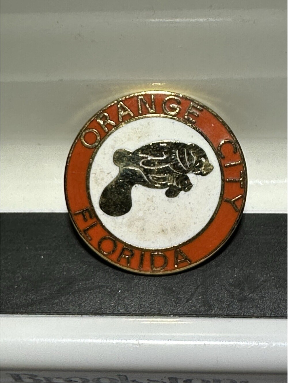 Manatee Pin Round Orange city FL 1” Goldtone Souvenir